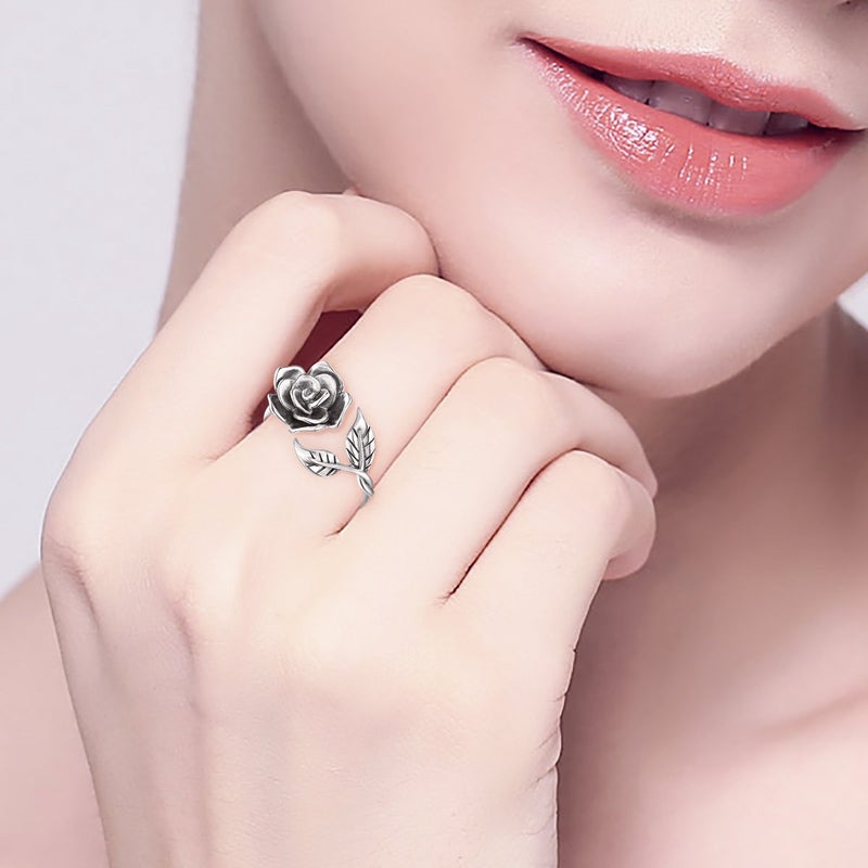 Alphm S925 Sterling Silver Adjustable Wrap Promise Rings 6 Jewelry Rose Flower Ring for Women Gift Jewelry - Image 2